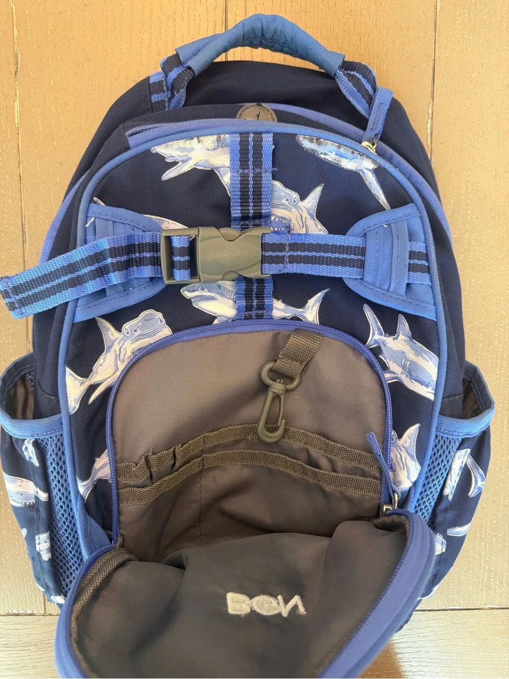 Pottery Barn Kids Navy Blue Sharks Boys Small Mackenzie Backpack “BGN” Initials